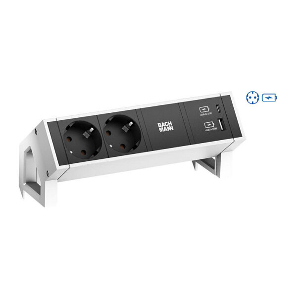 BACHMANN DESK2 2xSchutzkontakt USB A&C USB Charger 22W 0,2m GST18 weiss