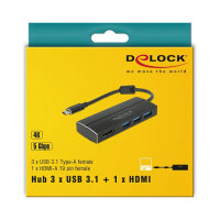 DELOCK USB 3.1 Gen 1 Adapter USB Type-C zu 3 x USB 3.0 Typ-A Hub + 1 x HDMI DP Alt Mode 4K 30 Hz