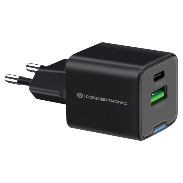 CONCEPTRONIC Ladegerät 2Port GaN USB-C/-A 20WPD3.0/PPS sw