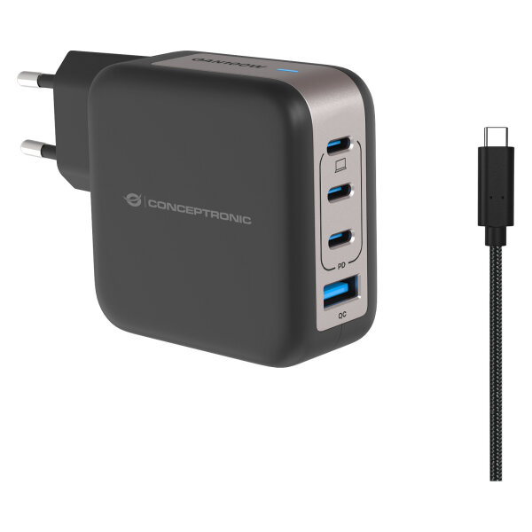 CONCEPTRONIC Ladegerät 4Port GaN 3xUSB-C/1xA100WPD3.0/PPS sw