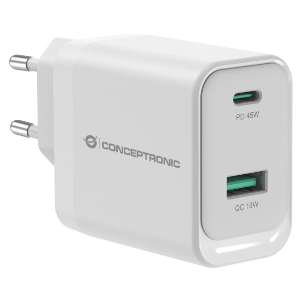 CONCEPTRONIC Ladegerät 2Port GaN USB-C/-A 45WPD3.0/PPS ws