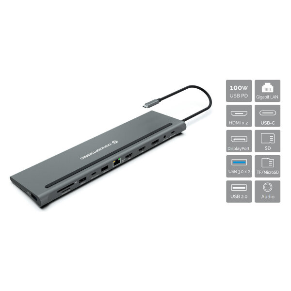 CONCEPTRONIC 12-1 Dock USB-C->2xHDMI/3xUSB-A/DP/+ 18cm gr