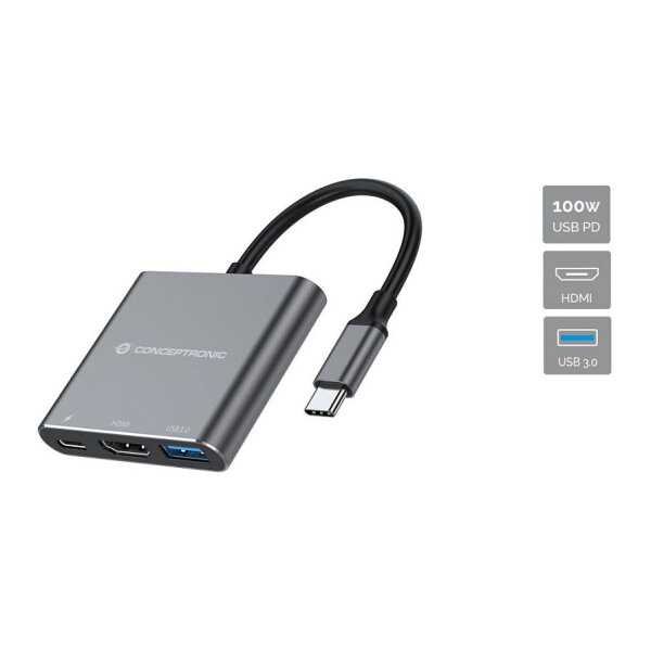 CONCEPTRONIC 3-1 Dock USB-C->HDMI/USB-A/100WPD 25cm gr