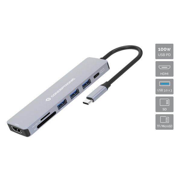 CONCEPTRONIC 7-1 Dock USB-C->HDMI/3xUSB-A/SD/TF/+ 25cm gr