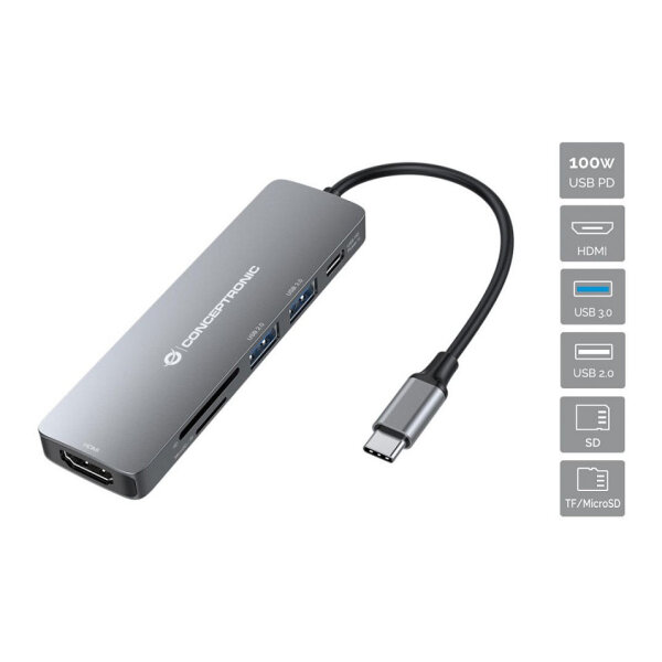 CONCEPTRONIC 6-1 Dock USB-C->HDMI/2xUSB-A/SD/TF/+ 15cm gr