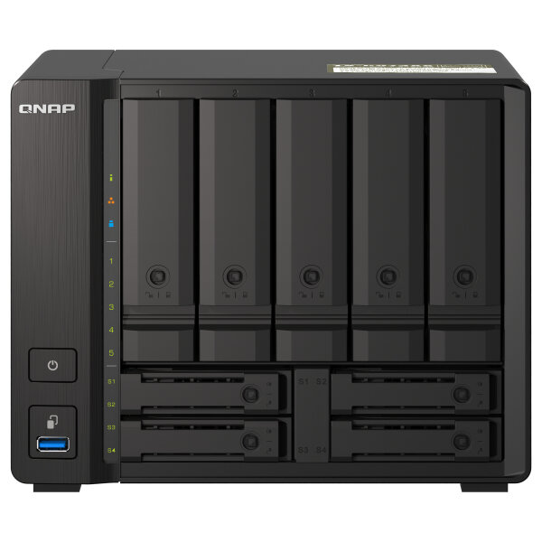 QNAP 9-bay NAS AMD Ryzen V1500B 8GB DDR4 SODIMM 5x6,35cm 2,5Zoll/8,89cm 3,5Zoll SATA 6Gbps + 2x26,35cm 2,5Zoll U.2 NVMe PCIe Gen3 x4