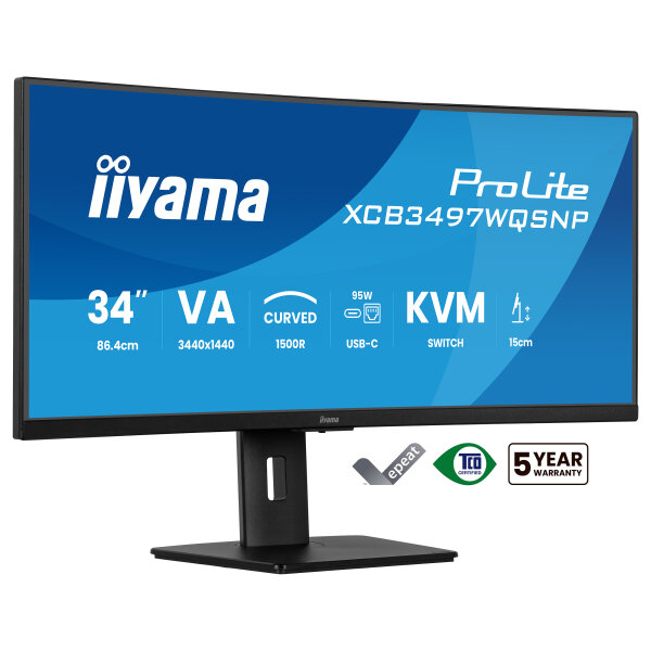 86,4cm/34" (3440x1440) iiyama ProLite XCB3497WQSNP-B1 21:9 UWQHD VA 0,4ms 120Hz HDMI DP USB-C Speaker Black