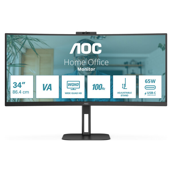 86cm/34" (3440x1440) AOC CU34V5CW 21:9 VA 1ms 100Hz HDMI DisplayPort USB-C KVM VESA Speaker Webcam Silver/Black