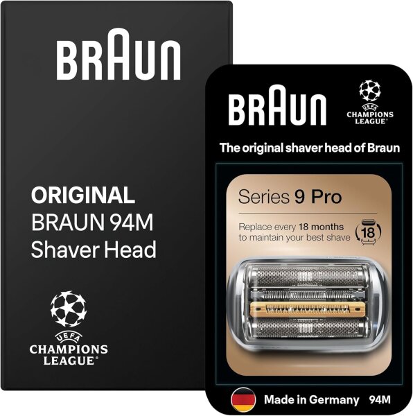 Braun Series 9 Pro Scherkopf für Elektrorasierer, ORIGINAL Ersatzscherteil vom Hersteller passend für Braun Herren Rasierer Series 9 Pro, 94M, chrom, 1er Pack, Unbedruckte Kartonverpackung