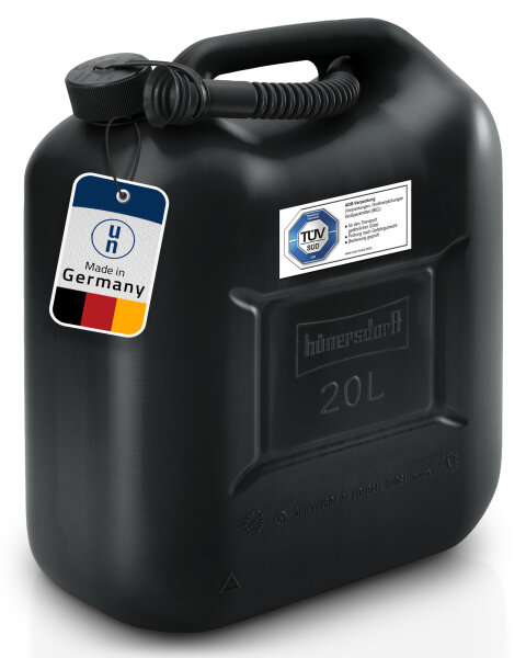hünersdorff Kraftstoff-Kanister STANDARD 20l für Benzin, Diesel und andere Gefahrgüter, UN-Zulassung, made in Germany, TÜV-geprüfter Produktion, schwarz
